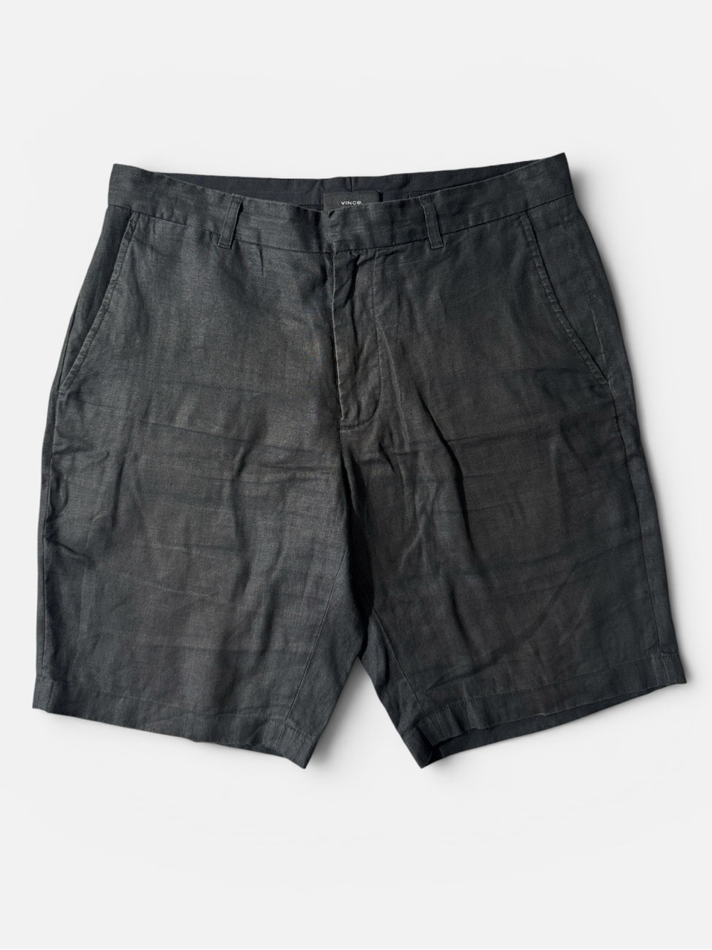 Vince mens 32 black solid slim fit Griffith 100% hemp flat front chino shorts